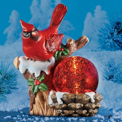 Red Cardinal with Solar Gazing Ball Winter Resin Statue