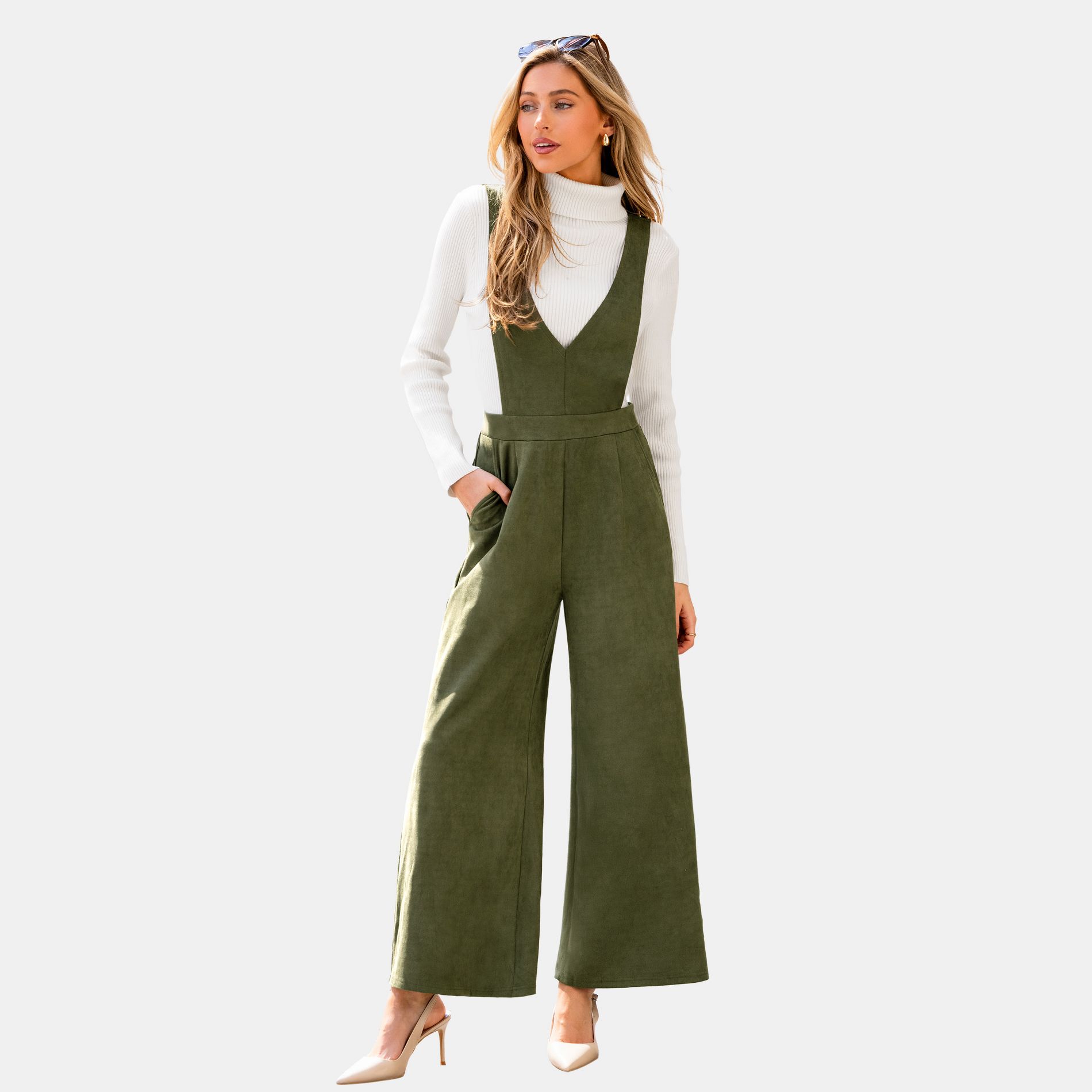 Women's Chic Olive Wide-Leg Jumpsuit with Suspender - Cupshe-L-Green