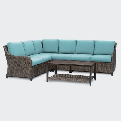 Leisure Made Mitchell 5pc Wicker Sectional in Spa Blue Fabric
