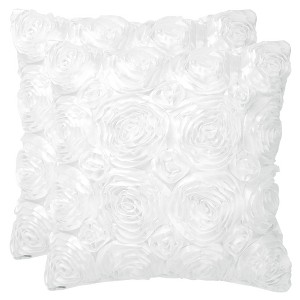 PiccoCasa Decorative Square 3D Satin Rose Flower Throw Pillow Cover 2 Pcs - 1 of 4