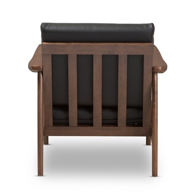 Venza Mid-Century Modern Lounge Chair in Black Faux Leather & Walnut