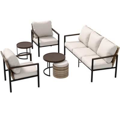 EAGLE PEAK Sunset Dune 6 Piece Collection Modern Outdoor  Furniture Set, Patio Wicker Wood Grain Lounge Set