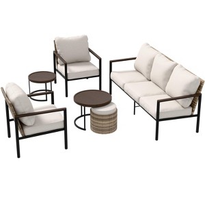 EAGLE PEAK Sunset Dune 6 Piece Collection Modern Outdoor  Furniture Set, Patio Wicker Wood Grain Lounge Set - 1 of 4