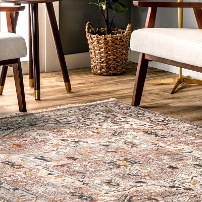 Elegant Light Brown Medallion Fringe 4' x 6' Synthetic Area Rug