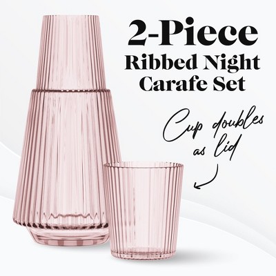 Pink Ribbed Glass Bedside Water Carafe with Tumbler Lid