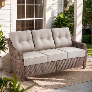 Belord 6" Thick Cushion Outdoor Sofa Patio Couch, Patio Furniture 74.8" Wide Sofa with Brown Round Wicker Comfort High Back Patio Couch for Porch - 1 of 4
