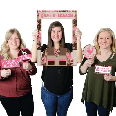 Big Dot of Happiness Pink Gone Hunting - Girl Camo Baby Shower or Birthday Party Selfie Photo Booth Picture Frame & Props - Printed on Sturdy Material