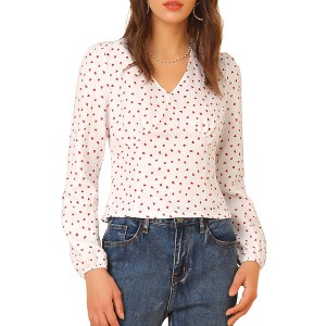 INSPIRE CHIC Women's V Neck Long Sleeve Heart Print Blouse - 1 of 4