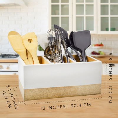 White and Natural Mango Wood 3-Compartment Utensil Holder