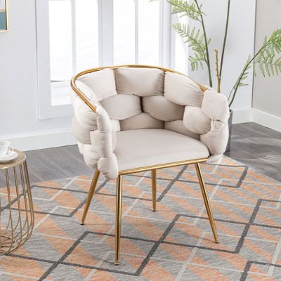 Beige Velvet Upholstered Accent Chair Set with Gold Metal Legs