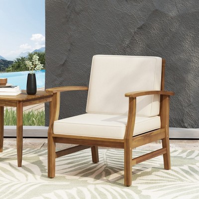 Outdoor Acacia Wood Armrests Club Chair,Fabric Upholstered Armrests Chair,Club Chair With Wood Frame And Slat Design Backrest-Coolbibila