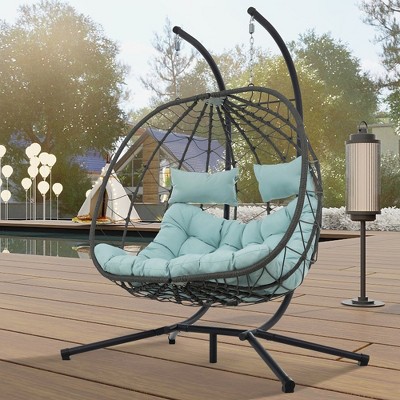 2 Person Egg Swing Chair, Patio Rattan Wicker Swing Chair With Stand, Hanging Basket Chair With Headrest, Thick Cushion