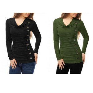 Allegra K Women's Cowl Neck Long Sleeves Buttons Decor Ruched Top 2 Pcs - 1 of 4