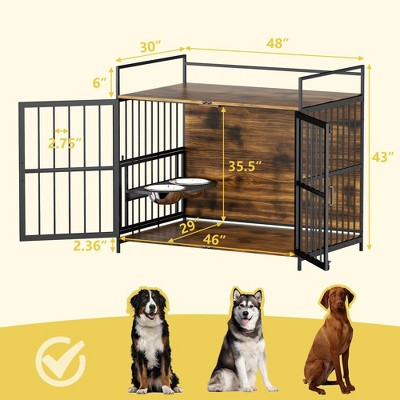 Large Brown Steel and Wood Dog Crate Table with Bowls