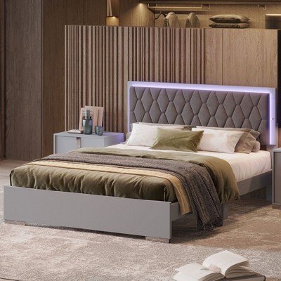 NicBex Queen Modern Upholstered Bed Frame with Velvet Headboard,Platform Bed Frame with LED Light,Solid Wood Slats Support,Easy Assembly,White/Gray