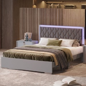 NicBex Queen Modern Upholstered Bed Frame with Velvet Headboard,Platform Bed Frame with LED Light,Solid Wood Slats Support,Easy Assembly,White/Gray - 1 of 4
