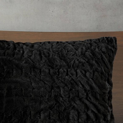 King Black Ruched Faux Fur Comforter Set