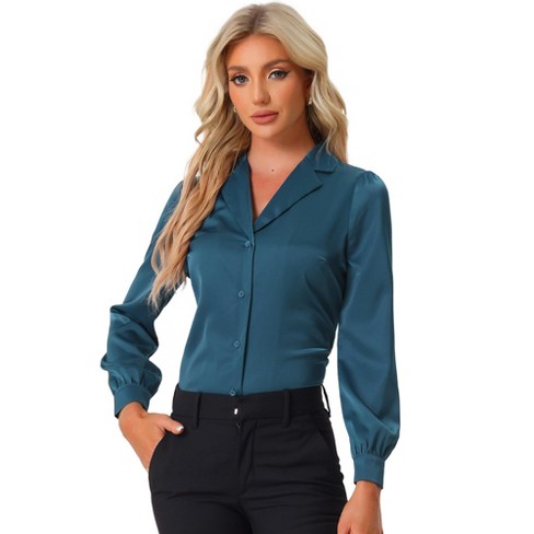 Allegra K Women's Elegant Collar V Neck Long Sleeve Work Office Satin  Button Down Shirt Peacock Blue Medium