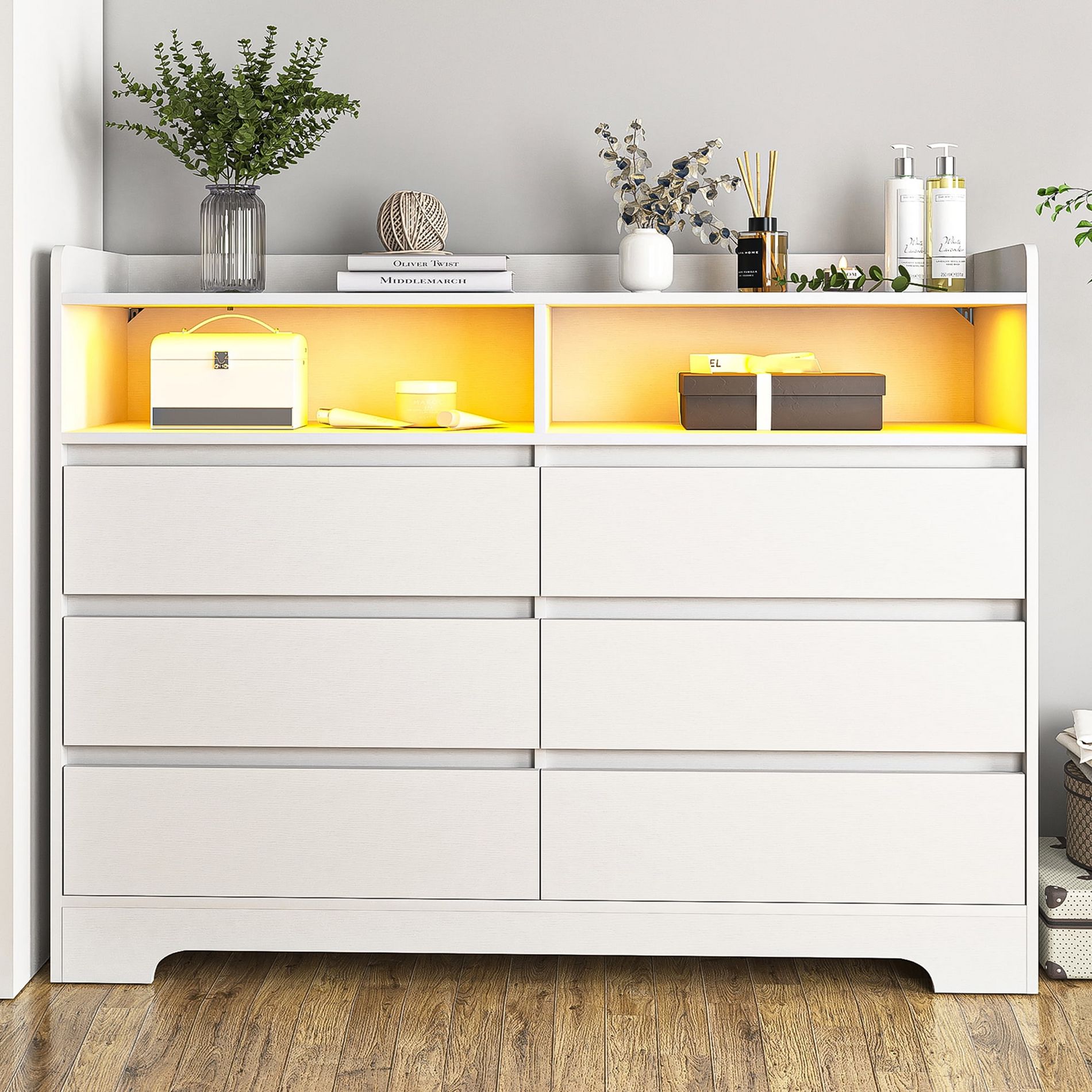 Resenkos 6 Drawer Dresser with LED Light and Open Storage for Bedroom, Modern Wood Chest Organizer, White