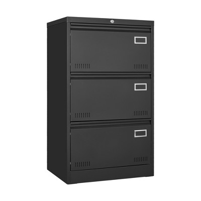 Vynxaria Black 3-Drawer Lateral File Cabinet - Secure Utility Storage Cabinets with Locking Drawers