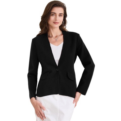 INSPIRE CHIC Women's Collarless Long Sleeve One Button Blazer Black Large