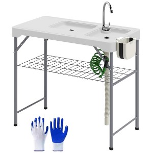 Outsunny Folding Fish Cleaning Table with Sinks, Outdoor Fillet Table with Faucet, Drainage Hose, Sprayer, Shelf, Drawer and Storage Basket - 1 of 4