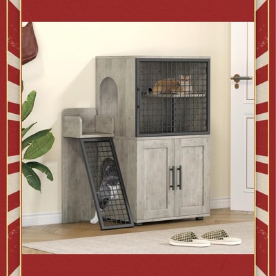 Garvee Cat Litter Box Enclosure ¨C Modern Double-Layer Hidden Litter Cabinet with Ladder & Resting Platform, Grey