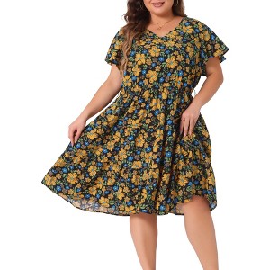 Agnes Orinda Women's Plus Size V-neck Floral Printed Empire Waist Flared Dresses - 1 of 4