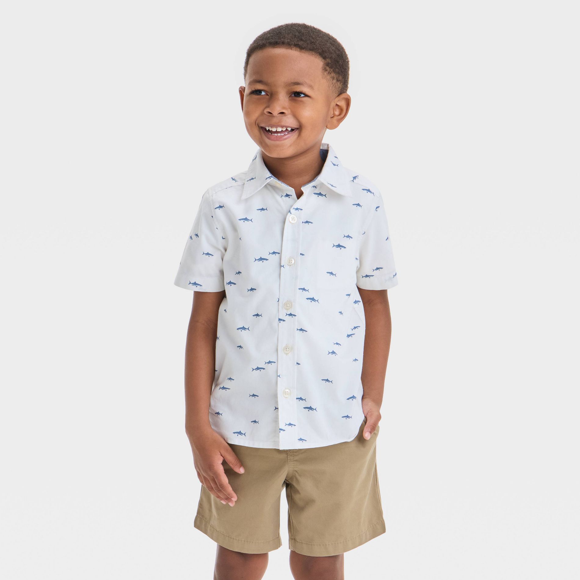 OshKosh B'gosh Toddler Boys' Shark Printed Woven Shirt - White/Blue 3T: Cotton Poplin, Slim Fit, Collared, Short Sleeve
