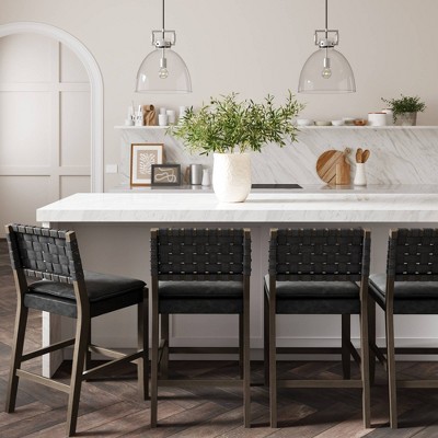 Black Faux Leather Woven Back Counter Height Stool