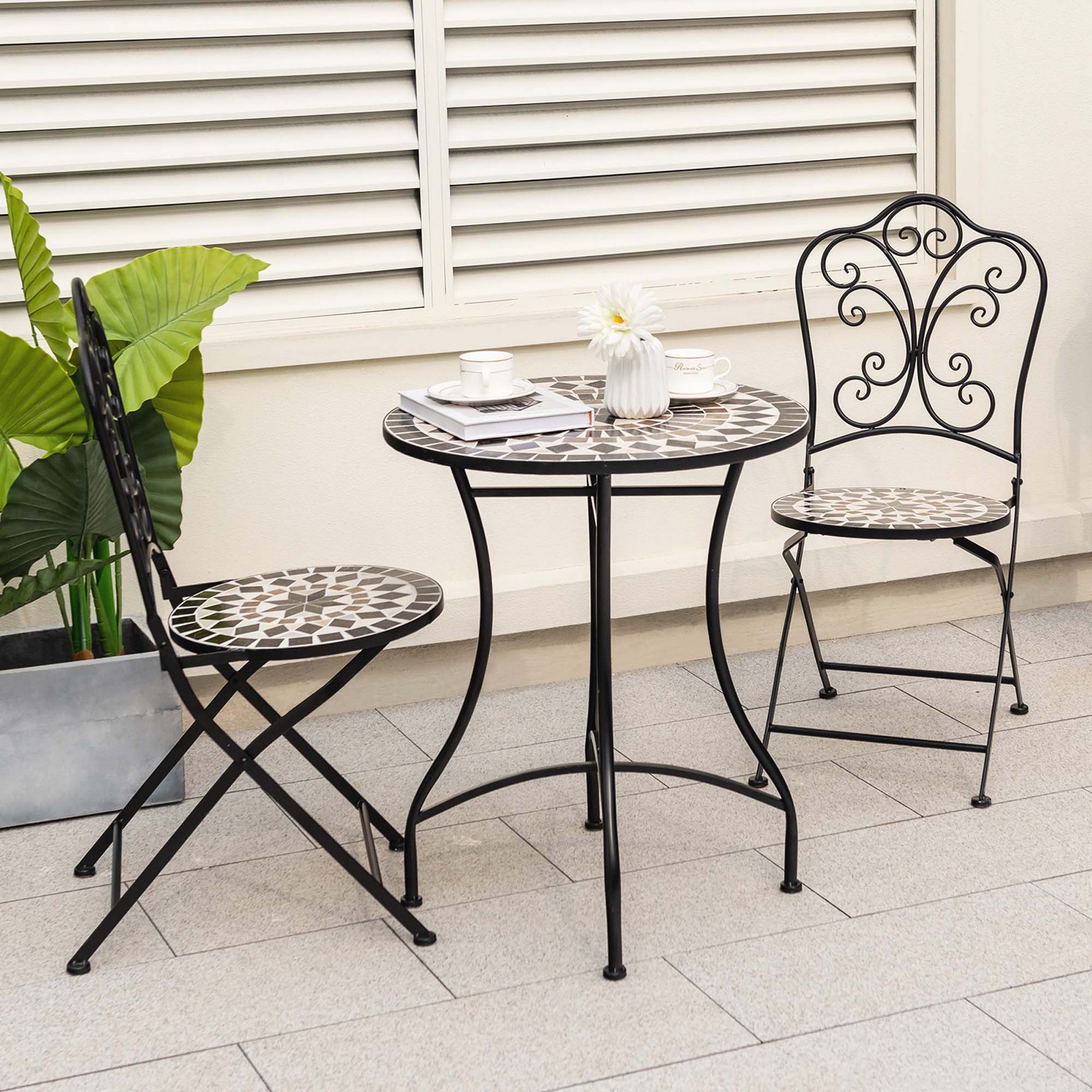 Costway 3pcs Patio Bistro Set Mosaic Pattern Heavy-Duty Metal Dining Folding Outdoor