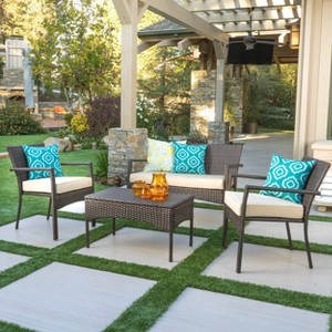 Cancun 4pc All-Weather Wicker Patio Chair Set - Brown - Christopher Knight Home: Outdoor Seating with Coffee Table - 1 of 4