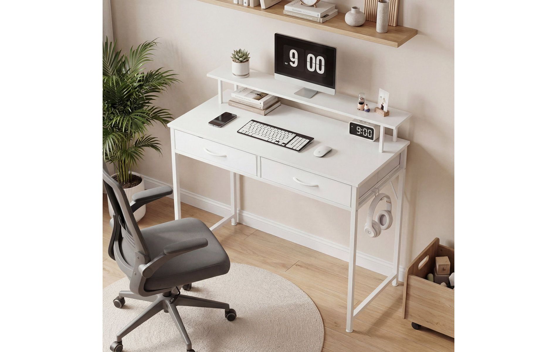 JIONJOY Small Home Office Computer Desk with Drawers & Monitor Riser, Ergonomic Writing Study Desk for Small Spaces, White