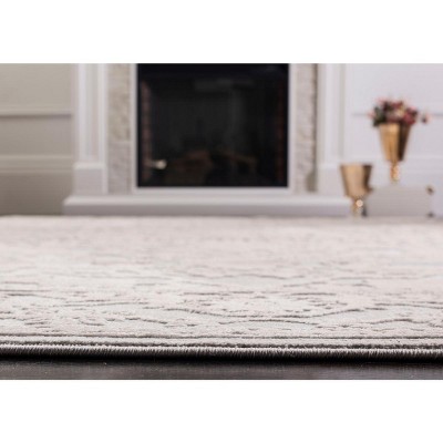 Light Grey and Cream Floral Synthetic Area Rug, 5' x 7'