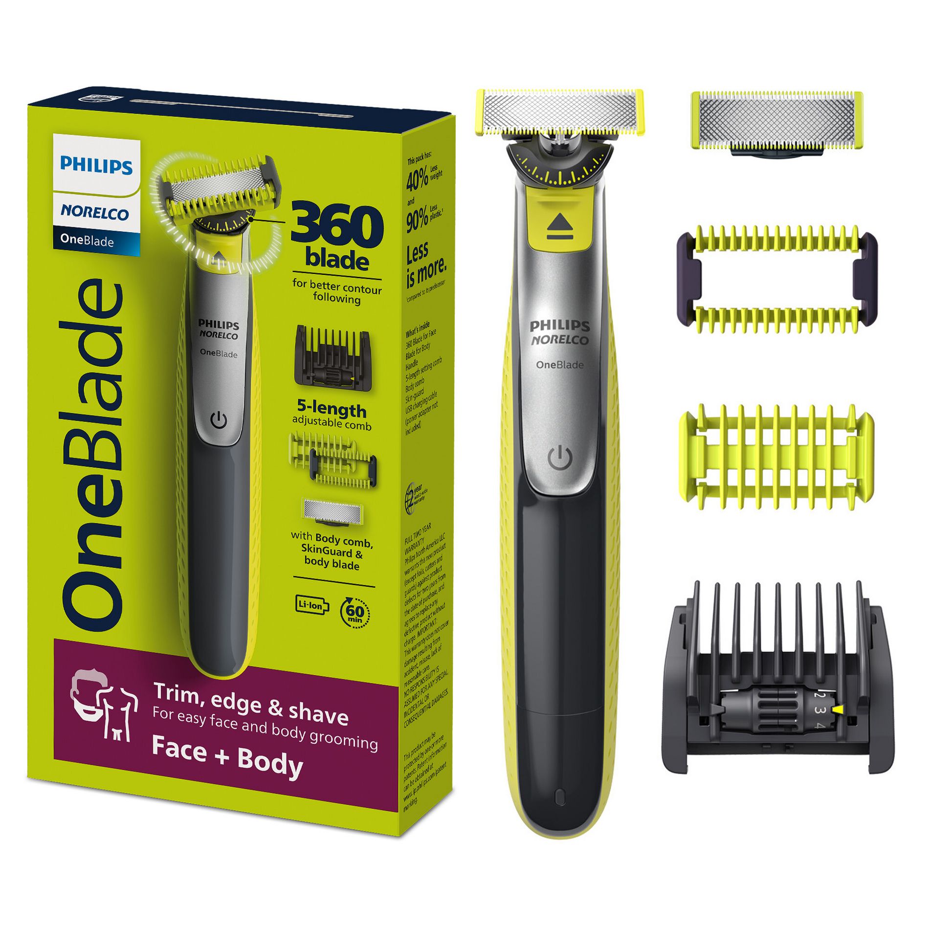 Philips Norelco OneBlade 360 Face & Body Rechargeable Men's Electric Shaver and Trimmer - QP2834/70