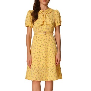 INSPIRE CHIC Women's Peter Pan Collar Tie Neck Short Sleeve A-Line Elegant Belted Floral Dress - 1 of 4