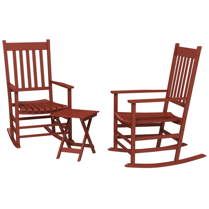 Outsunny Wooden Rocking Chair Set, Curved Armrests, High Back, Slatted Top Table Outdoor Rocker Set, Red, 1 of 7