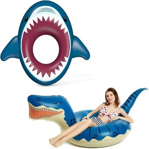 Jasonwell Inflatable Shark & Dinosaur Pool Floats – 93" T-Rex & Shark Ride-On for Kids & Adults, Summer Beach Party Raft, Blue & Maroon - 1 of 4
