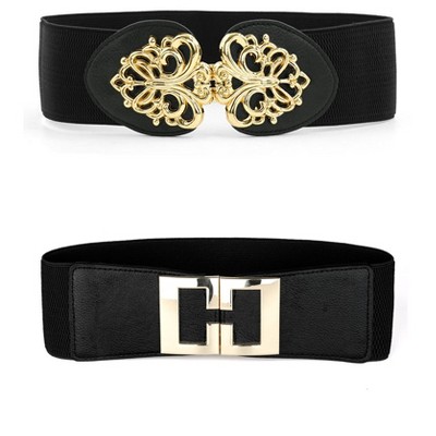 INSPIRE CHIC Women Stretchy Elastic Retro Metal Buckle Waist Belt for Dress 2Pcs