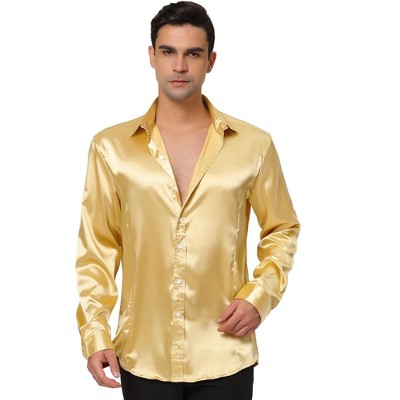 Lars Amadeus Men's Satin Long Sleeves Button Down Prom Party Dress Shirts X  Large Golden : Target