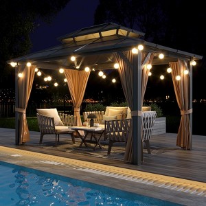 Double Roof  Outdoor Canopy with Netting and Shaded Curtains, Aluminum Frame Polycarbonate Hardtop Garden Tent for Patio, Backyard - 1 of 4