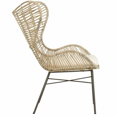 Transitional Beige Rattan Wingback Armchair with White Wash Finish
