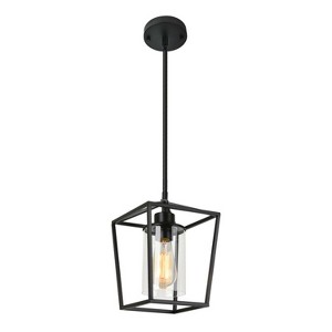 YANSUN 1-Light Matte Black Modern Farmhouse Cage Lantern Chandelier with Clear Glass Shade for Dining Room - 1 of 1
