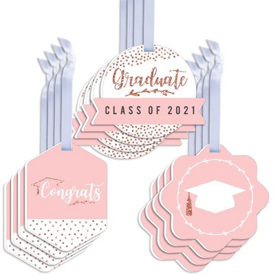 Big Dot of Happiness Rose Gold Grad - Assorted Hanging 2021 Graduation Party Favor Tags - Gift Tag Toppers - Set of 12