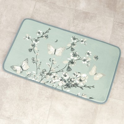 Lakeside Memory Foam Bath Mat – Non-Slip Bathroom Rug - Cherry Blossom and Butterfly - Aqua