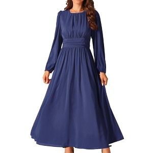 INSPIRE CHIC Women's Crewneck Lantern Long Sleeves A-Line Pleated Chiffon Maxi Formal Dress - 1 of 4