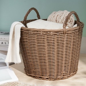 Kumasinova Round Resin Woven Laundry Basket with Handles,Multifunctional Storage Basket for Bathroom and Laundry Room,16" x 16" x 10.5",Walnut Brown - 1 of 4