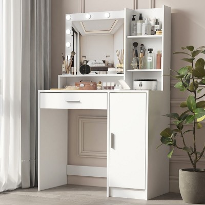 KTMBDW Vanity Desk with Mirror&Light, Large Drawer Three Level Storage Dresser, 3 Lighting Modes Adjustable Brightness, Bedroom Dressing Table