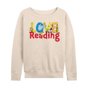 Women's - Dr. Seuss - The Cat In The Hat Book Cover Love Reading Lightweight French Terry Wide Neck Long Sleeve Shirt - 1 of 4