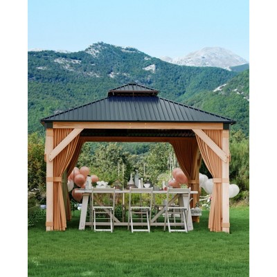 12'x12' hardtop wood gazebo with double metal roof, sturdy wooden frame, net, and curtain; perfect for patios, decks, backyards, and gardens. Khaki.